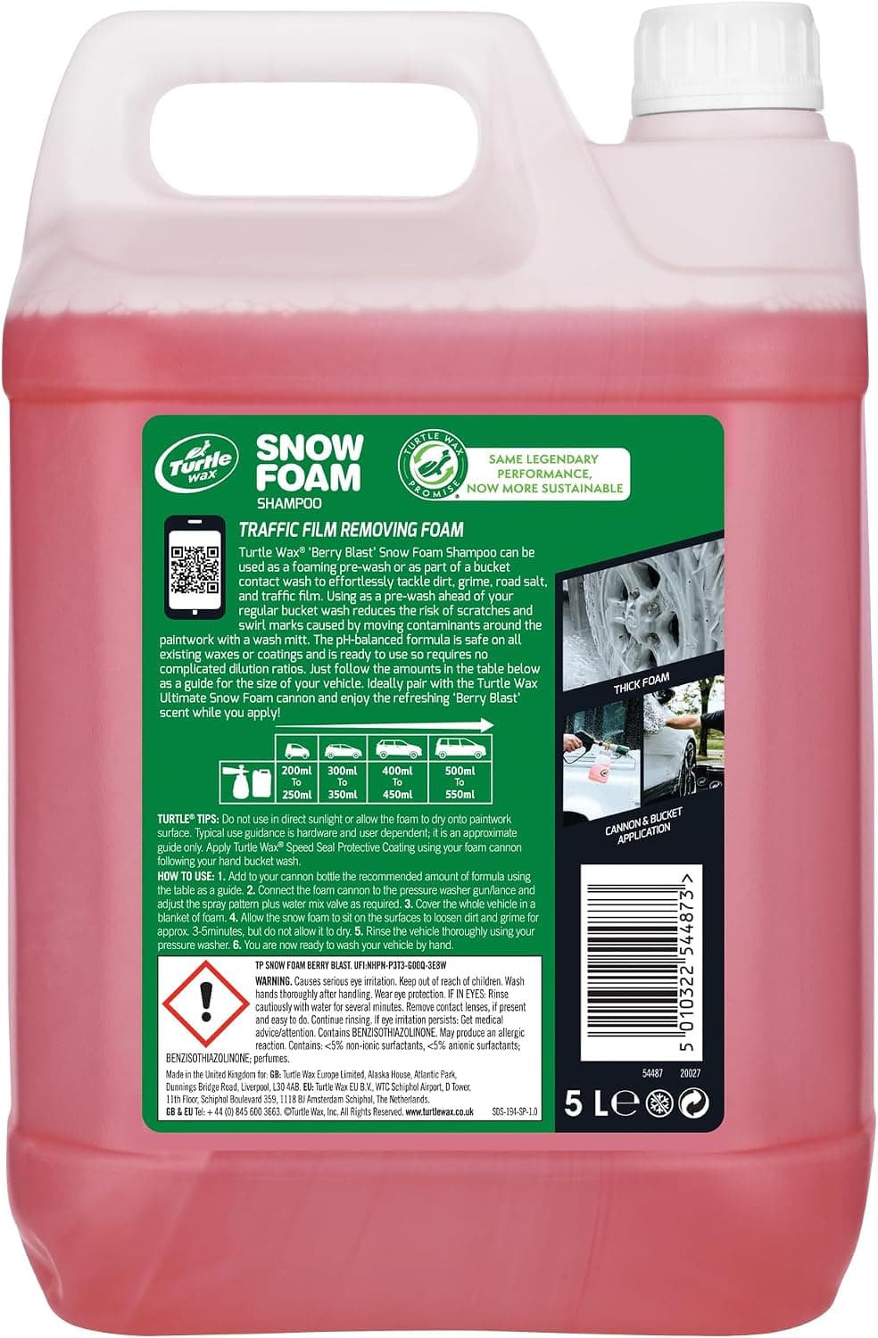 Turtle Wax Snow Foam, Thick, PH balanced Car Shampoo. 5L, Pack of 1, Cherry Scented, Streak Free Formula Safe for All Paint, Tyres, Wheels and Trim, Perfect for Overall Car Cleaning — view 2