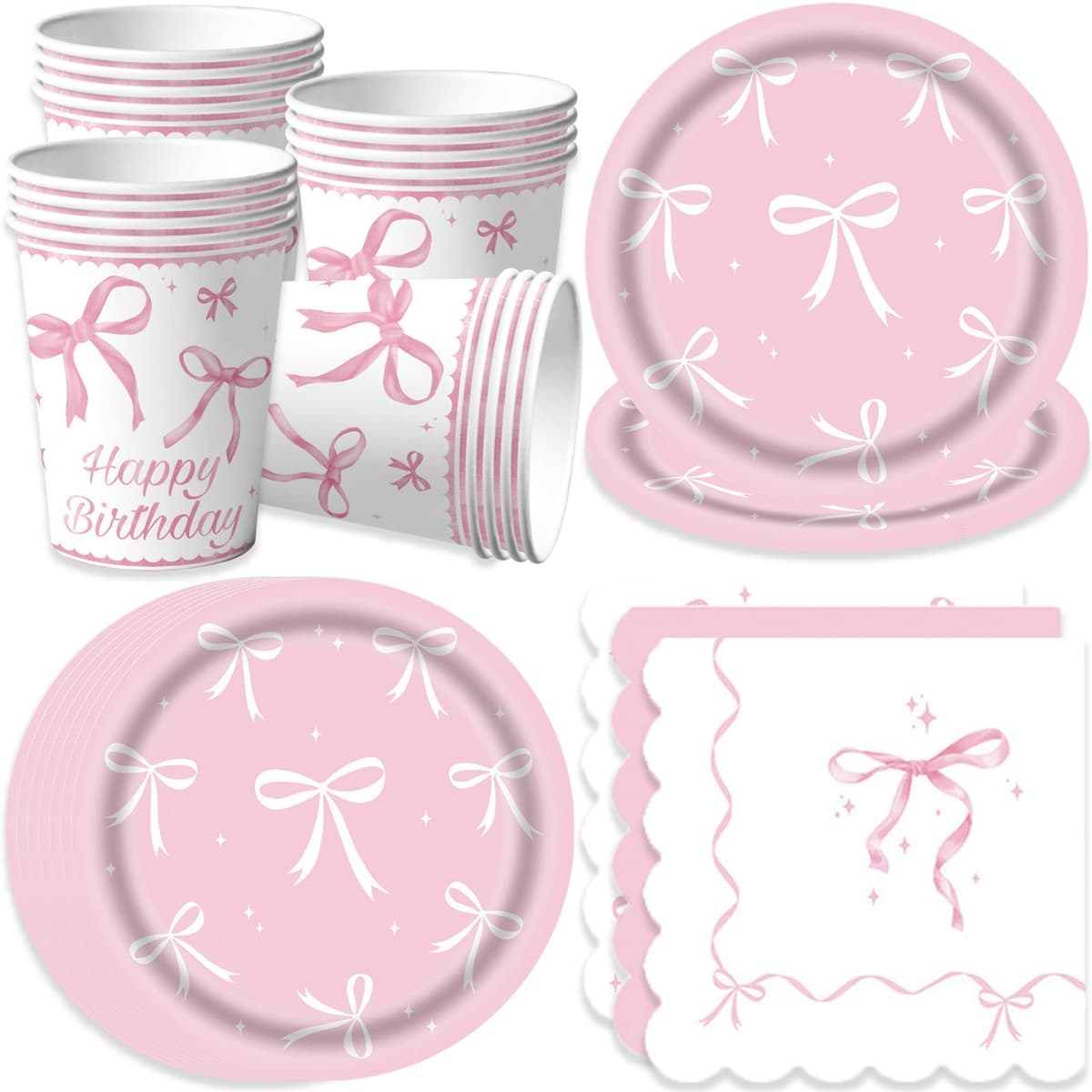Bikasun Pink Bow Party Tableware Set, Princess Children's Birthday Tableware, Cups, Napkins, Paper Plates for Girls Women Party Supplies, Serves 16