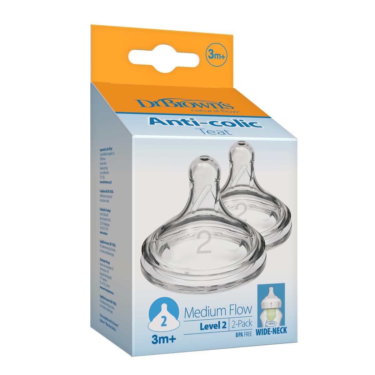 Dr. Brown’s Natural Flow Level 2 Wide-Neck Baby Bottle Silicone Teat, Medium Flow, 3m+, 100% Silicone Bottle Teat, 2-Pack — view 4