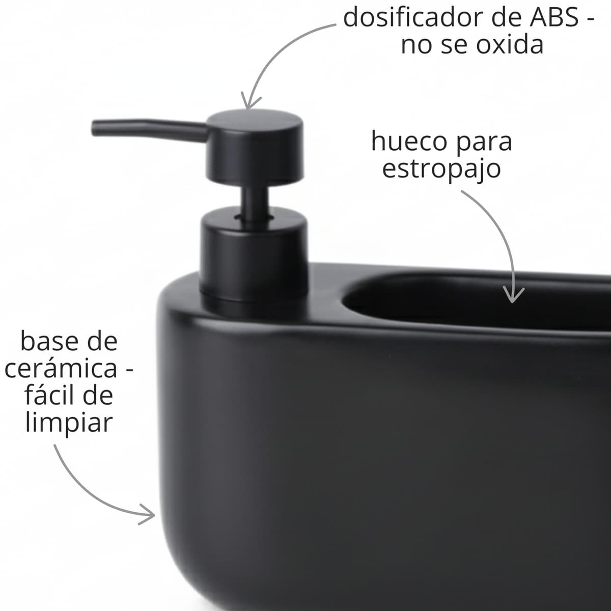 Dispensador de Jabón Cocina con Estropajero 520 ml Curve - Dosificador de Cerámica y Soporte para Esponja. Organizador de Fregadero Estrecho. 18 x 7.3 x 15 cm. - Negro Mate — view 3