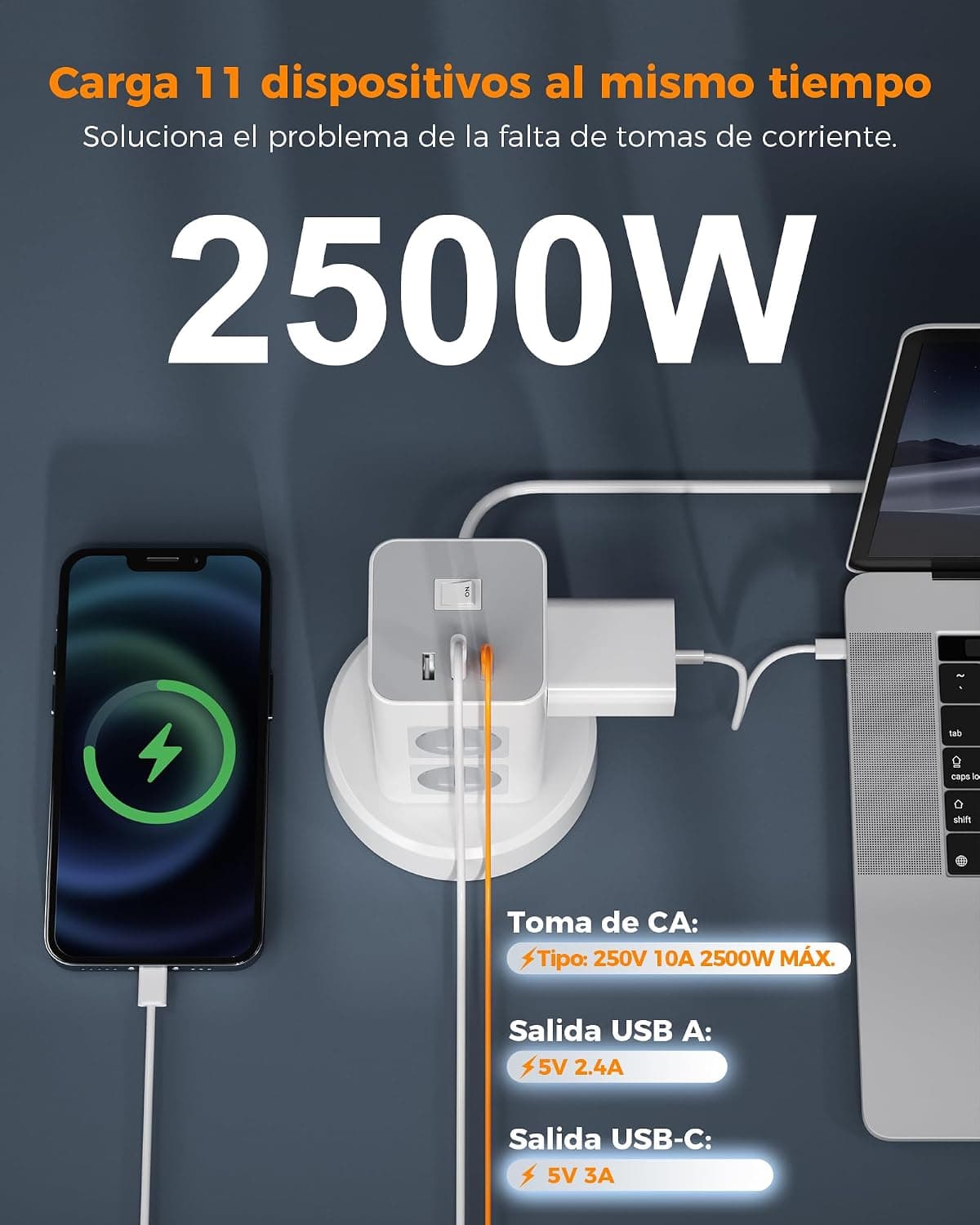 TESSAN Power Strip Sockets with USB C, 11 in 1 Vertical Power Strip with Switch, Tower Extension Plug with Retractable Extens — view 3