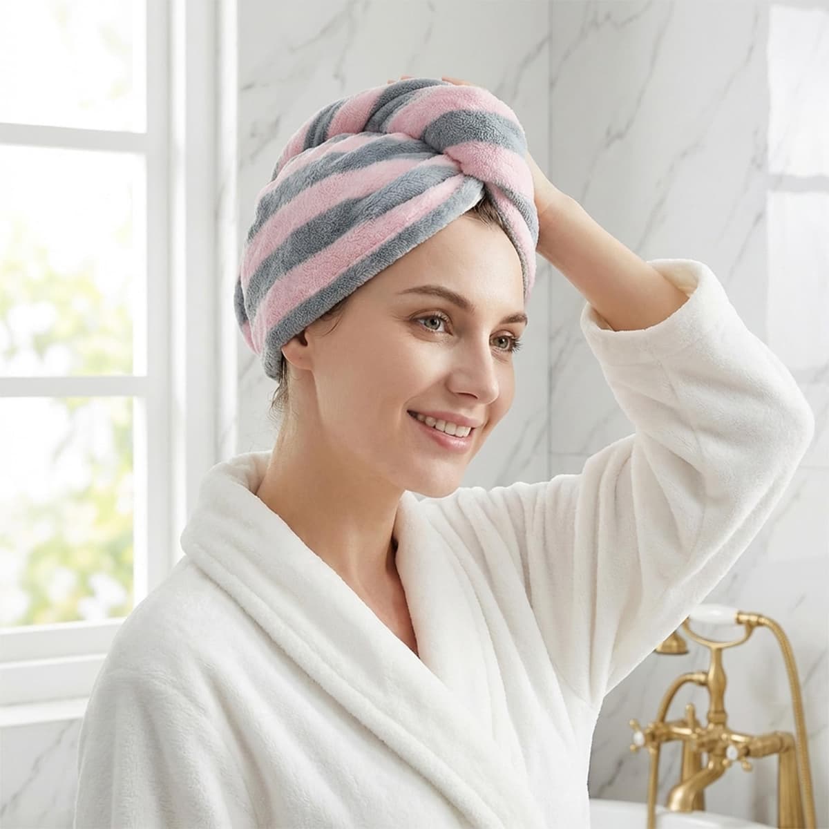 Toalla turbante suave para el cabello, toalla de secado de pelo, botón para absorber el cabello de secado rápido, turbante de microfibra para el cabello largo y rizado para mujer (gris y rosa)