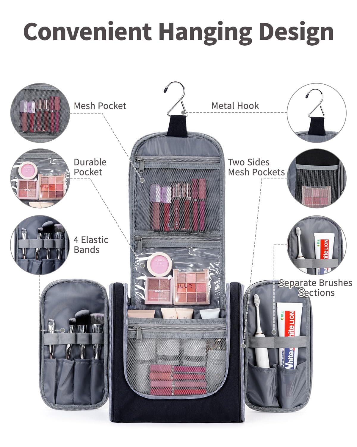 Narwey Neceser Mujer Bolsa de Aseo Colgante, Organizador de Maquillaje Neceser Viaje para Hombre y Mujer Accesorios de Viaje (Negro(Grande)) — view 2