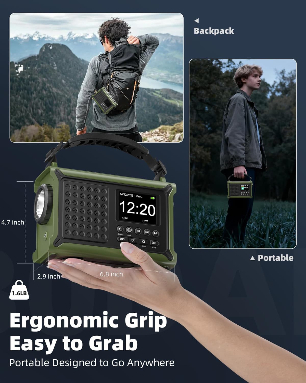 Roxicosly DAB+/DAB/FM Solar Wind Up Radio with 12000mAh Rechargeable Battery, Bluetooth5.0, 2.4" Large Colour Display, Dual USB Chargers, 5W Torch,120db SOS, Dual Alarms for Survival Outdoor — view 7