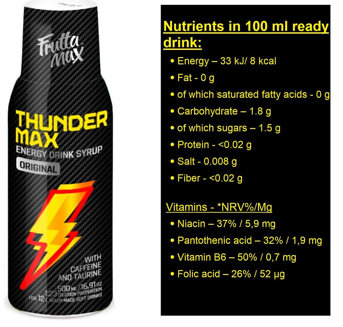 FruttaMax Energy Drink Syrup – Fizzy Caffeinated Syrup with Low Sugar | Soda Maker Compatible, Great for Active Lifestyle 500ml - ThunderMax — view 4