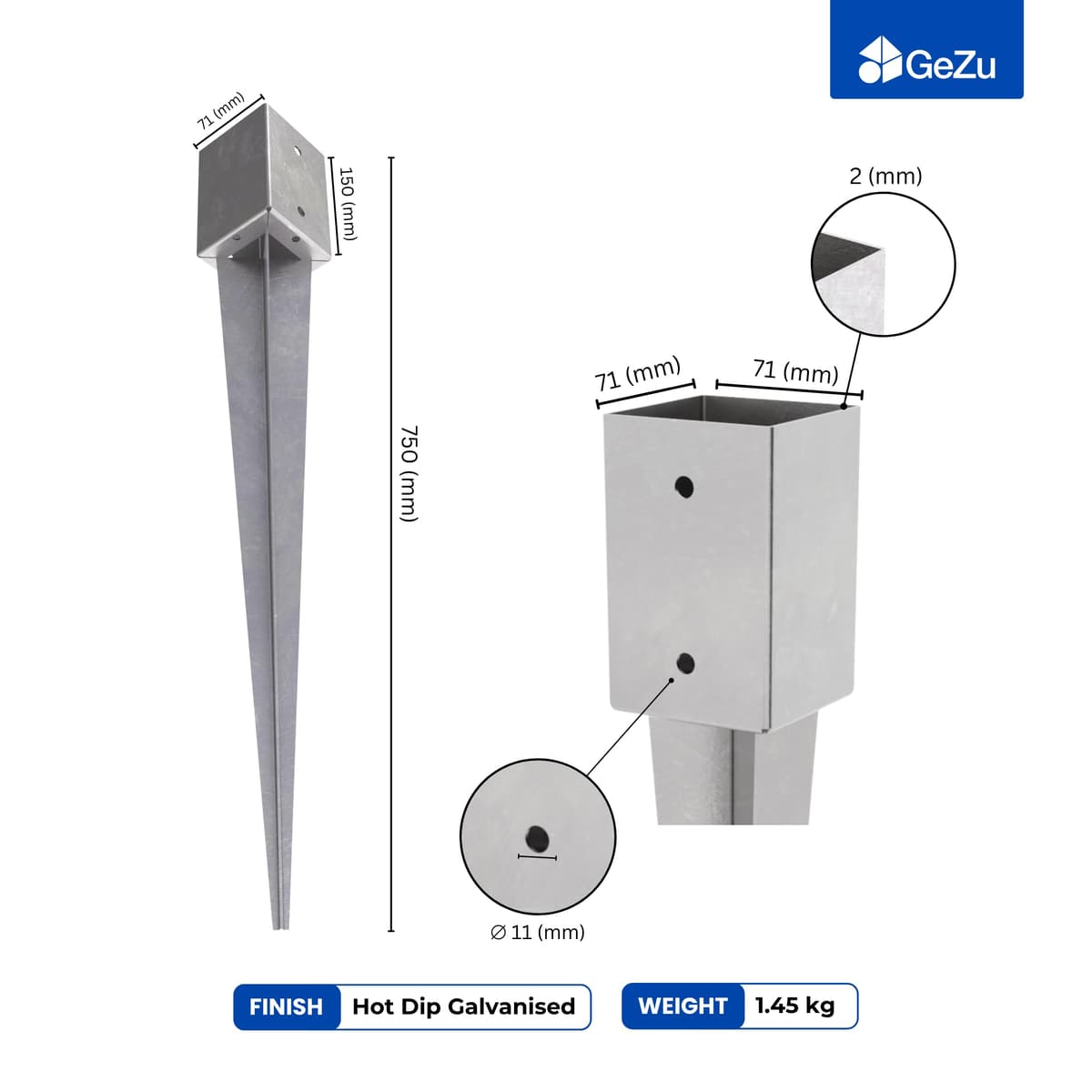 GeZu Impex Post Support 71 x 71 x 750 mm Hot Dip Galvanised Set of 16 fence Holder Anchor spike ground sleeve — view 2