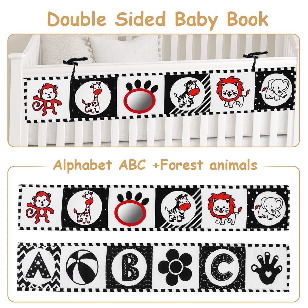 Vicloon Libros de Tela en Blanco y Negro,Animales Activity Libros Blandos con Espejo,Libros Blandos Juguetes para Bebés,Libros de Tela Suave para Bebés y Niños — view 4