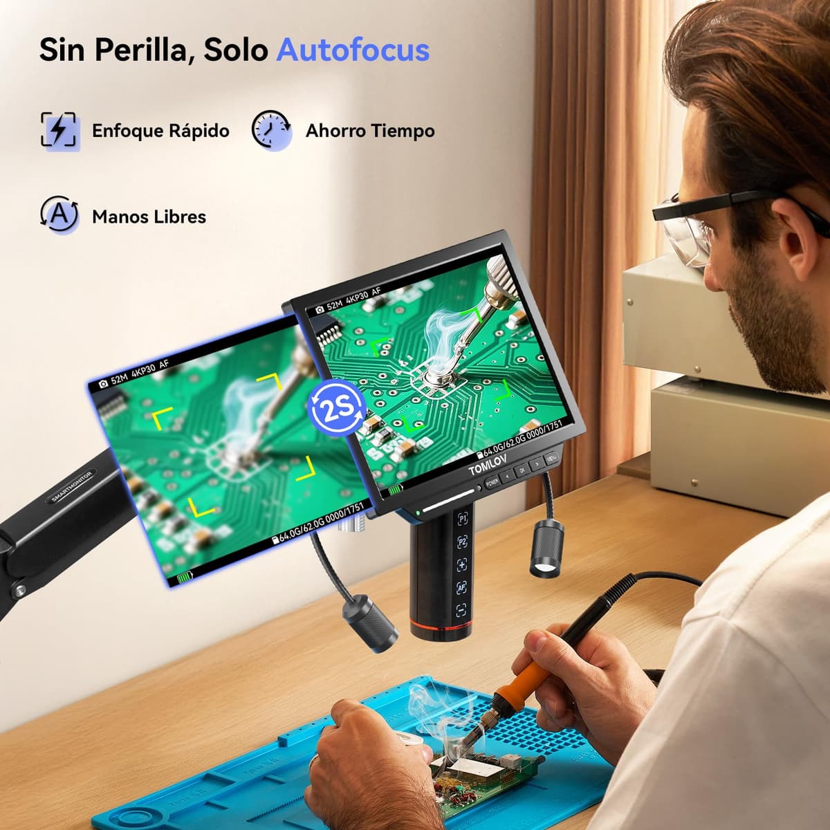 TOMLOV TM4K-AF Flex 4K 8" Digital Microscope with Autofocus, 52MP HDMI Professional Magnification 2000X for Coins, with Flexible Arm, Soldering Mat, Ring Light, Compatible PC/TV, 64GB — view 2