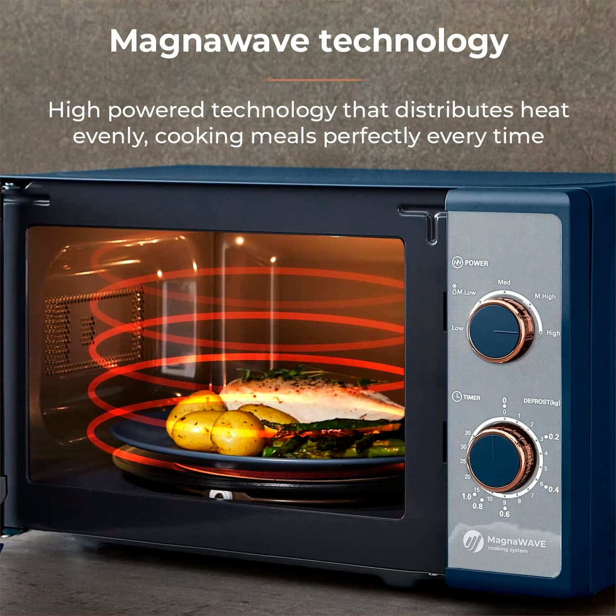 Tower Cavaletto Manual Microwave with 5 Power Levels and 35 Minute Timer, 800W, 20L, Midnight Blue & Rose Gold, T24038MNB — view 5