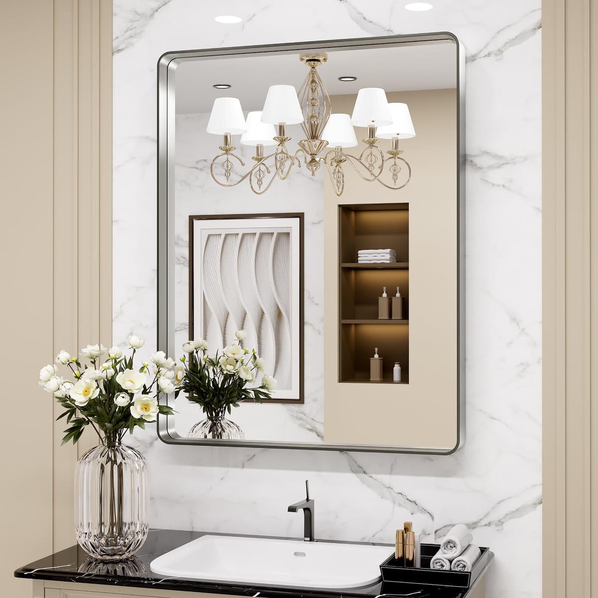LOAAO 48”X36” Gold Bathroom Mirror, Rounded Rectangle Gold Frame Mirror, Brushed Gold Bathroom Vanity Mirror Wall-Mounted, Anti-Rust, Tempered Glass, Hangs Horizontally or Vertically — view 23