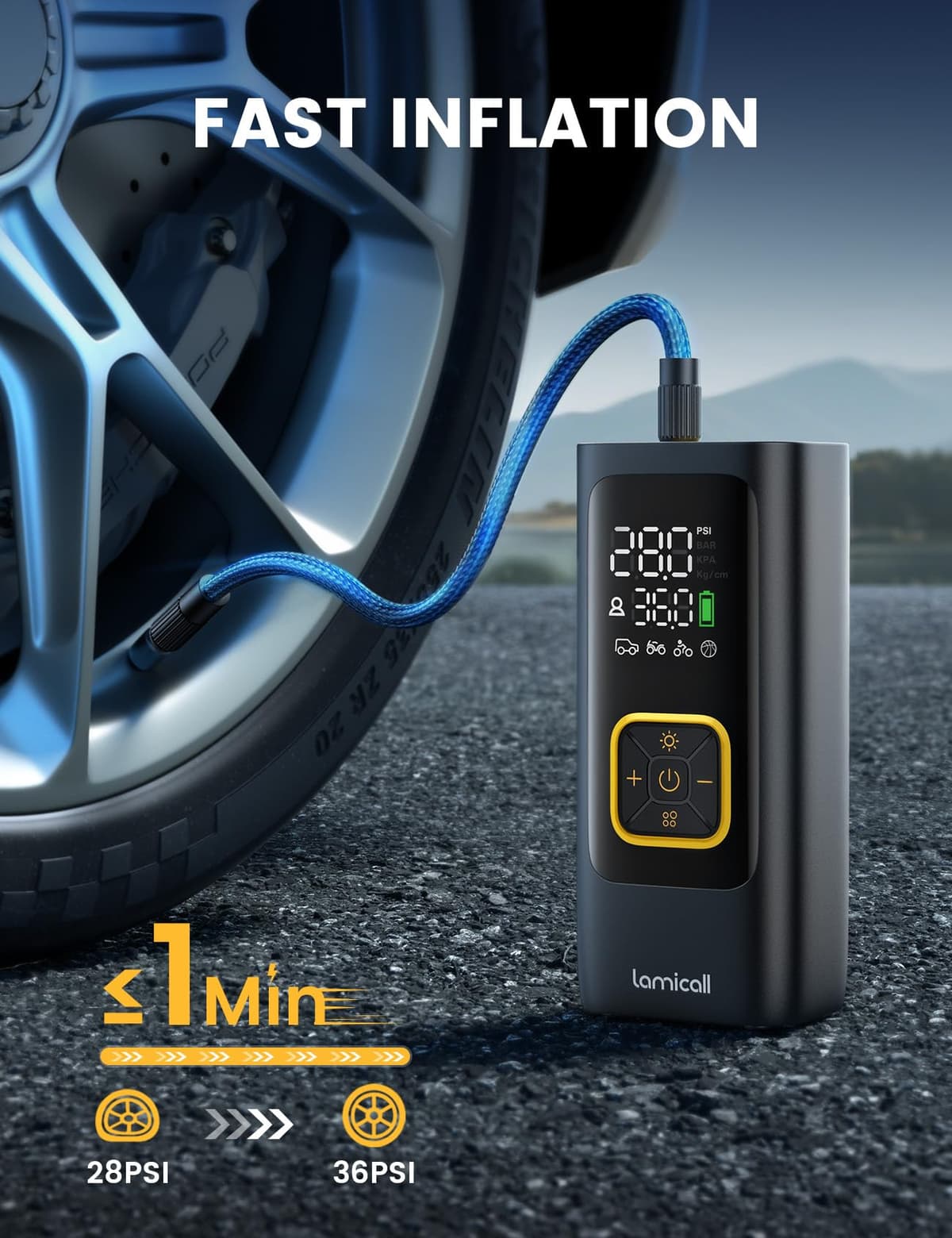 Lamicall Tyre Inflator Cordless Compressor - [6000mAh High-Capacity Battery] 150PSI Electric Air Pump with Digital Pressure Gauge & Auto Shutoff, Portable Pump with LED Light for Car Bike Motorcycle — view 2