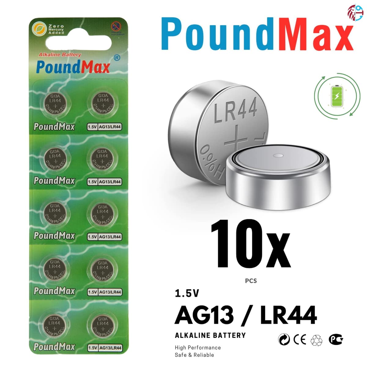 10 x AG13 LR44 1.5 V Alkaline Button Cell Battery by PoundMax — view 2