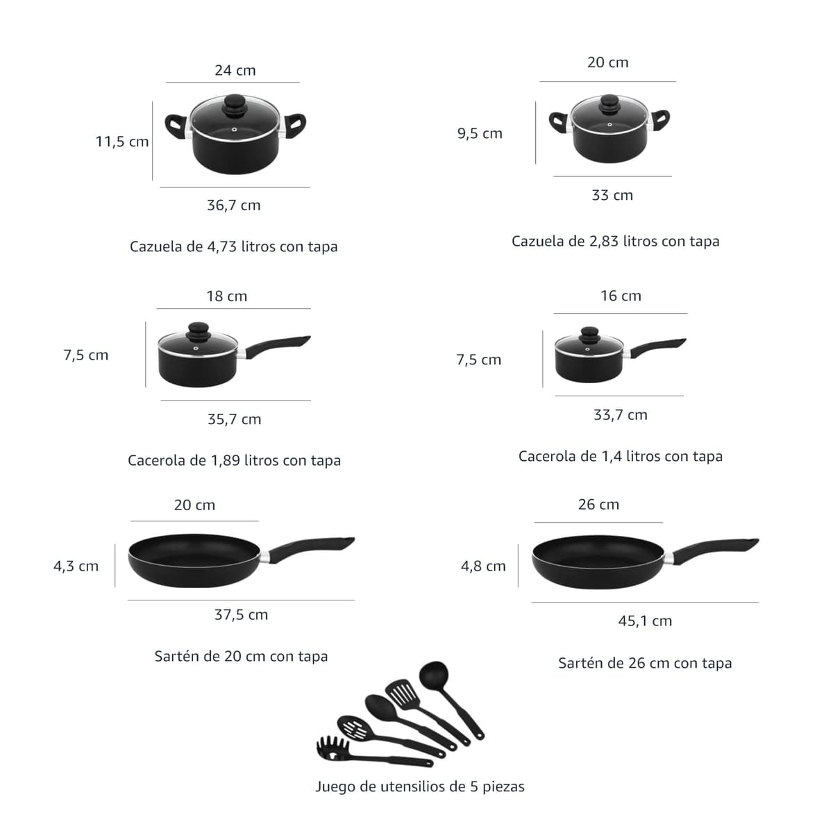 Amazon Basics Juego de utensilios de cocina antiadherentes, 15 piezas, Negro — view 4