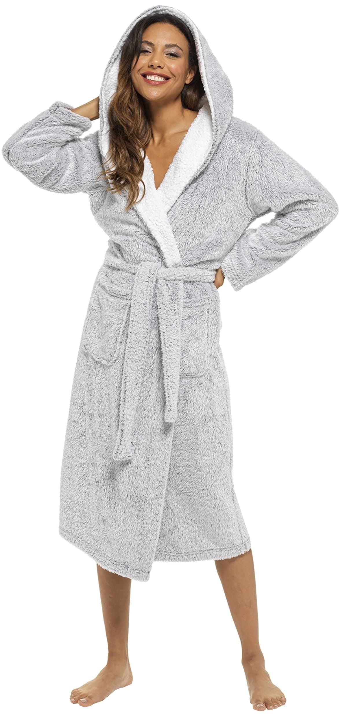 KATE MORGAN Ladies Dressing Gown Fluffy Super Soft Hooded Bathrobe for Women Plush Fleece Perfect Loungewear Long Robe | Gifts for Women — view 36