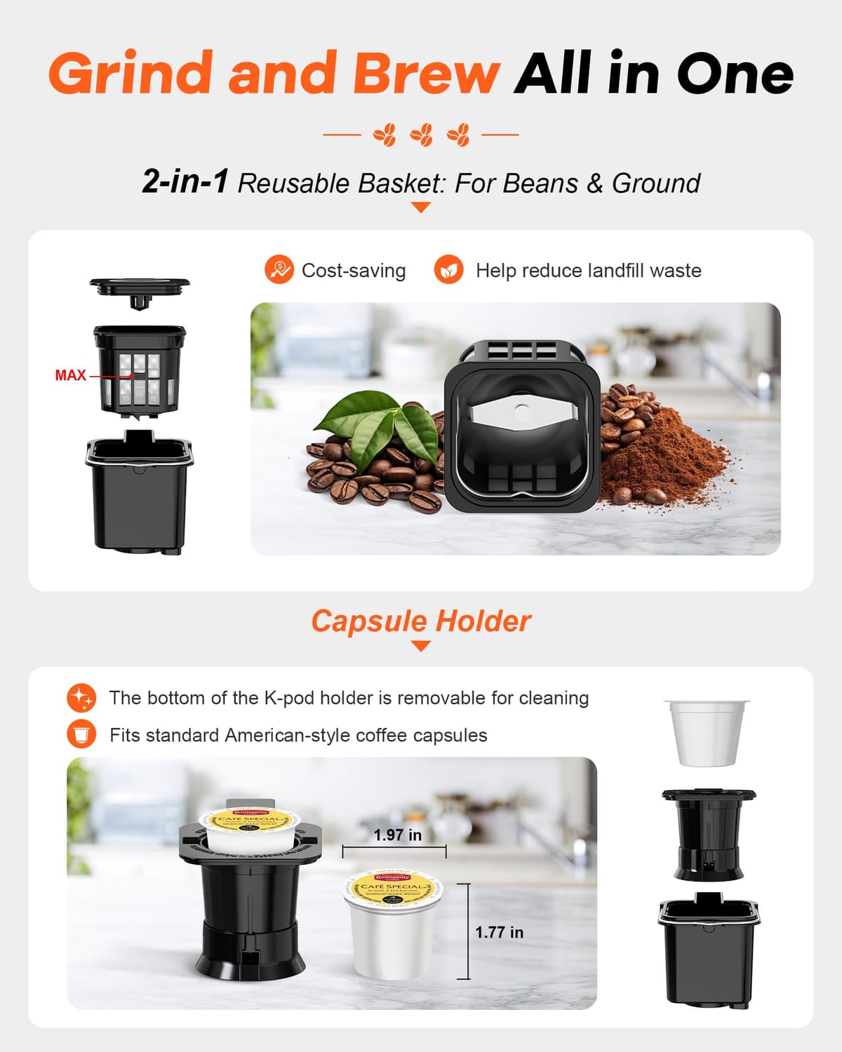 Horavie Single Serve Coffee Maker with Built-in Grinder, Fast Brew 6-16oz Single Cup for Whole Beans, Grounds, K Pod, Grind and Brew Coffee Maker with 47oz Water Tank, Descaling Alert, Black — view 2