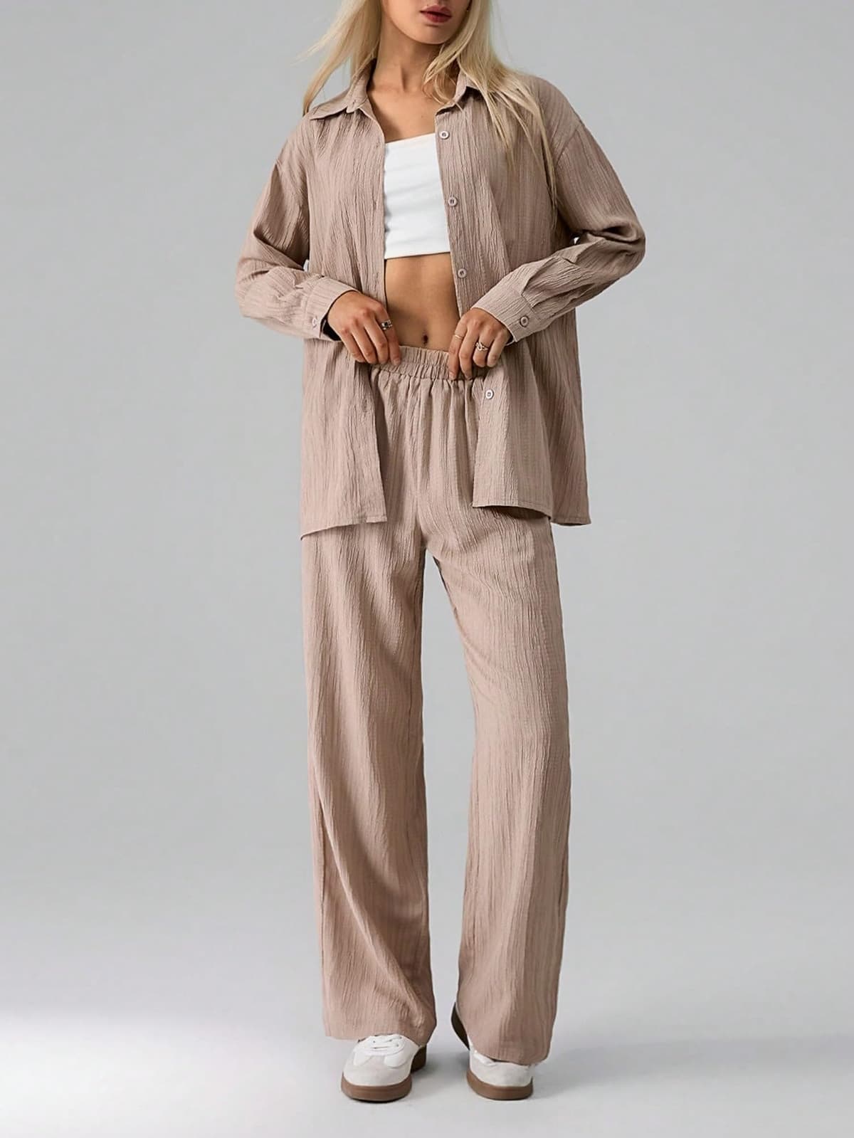 Conjunto de 2 piezas para mujer, conjunto casual de camisa de manga larga con botones y pantalones de pierna ancha, conjunto de chándal — view 4