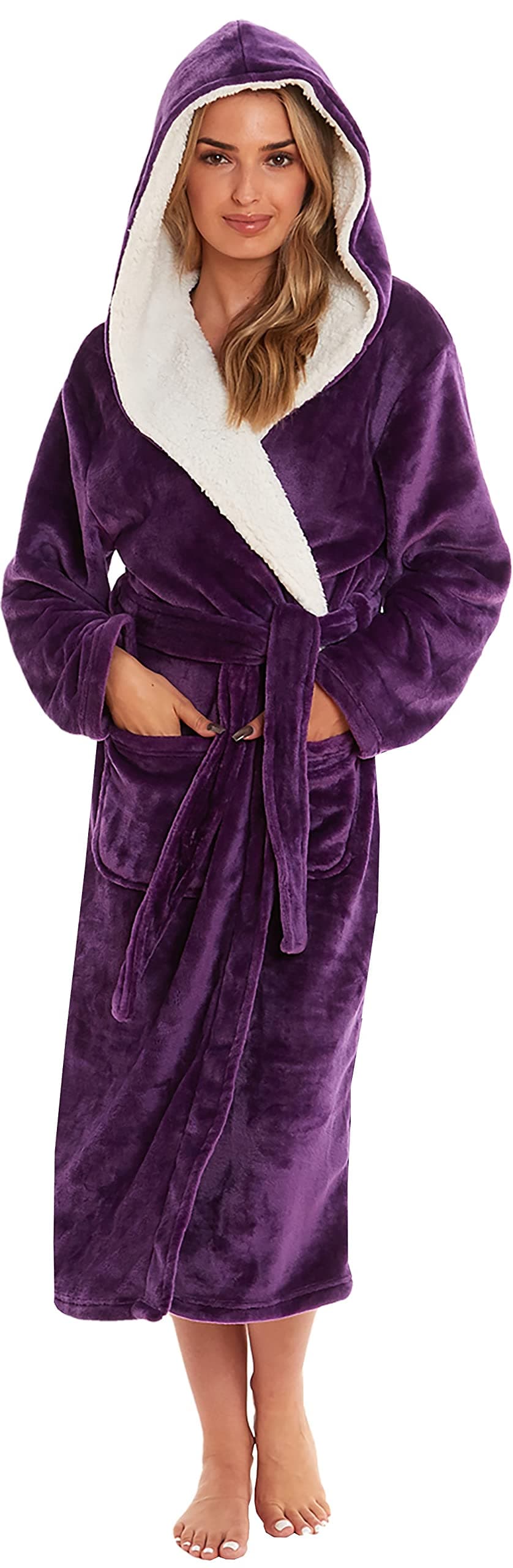 KATE MORGAN Ladies Dressing Gown Fluffy Super Soft Hooded Bathrobe for Women Plush Fleece Perfect Loungewear Long Robe | Gifts for Women — view 13