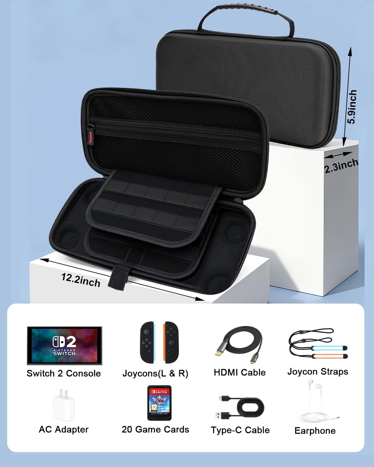 BOCACUE Carrying Case for Nintendo Switch 2(2025), 9 in 1 Accessories Bundle with 2 Screen Protectors, 4 Thumb Grip Caps, Protective Hard Shell Portable Travel Case for Switch2 with 20 Game Cartridges — view 2