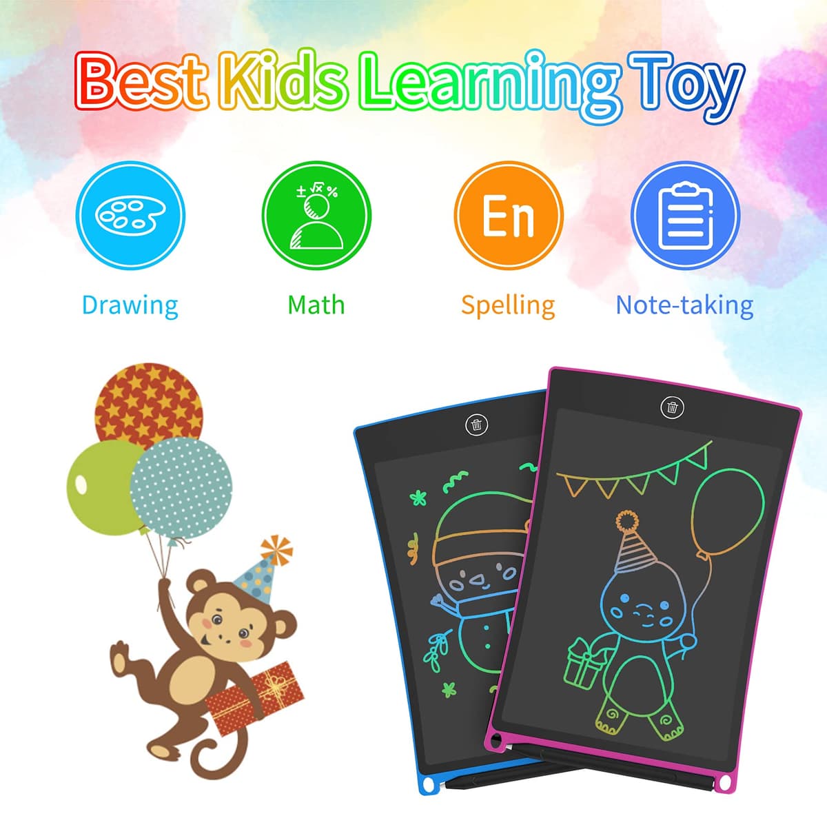 HOMESTEC 2 Pack Kids Doodle Boards, 8.5 Inch Colorful LCD Writing Tablets, Toys for Boys and Girls 3 4 5 6 Years Old as Christmas Birthday Gifts (Pink & Blue) (HT-0802-2PCS) — view 2