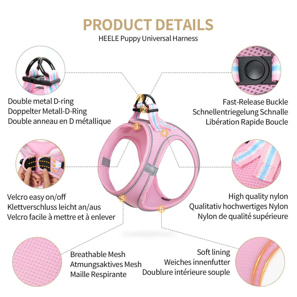 HEELE Arnes Perro Pequeño con Lineas Reflecantes Arnés Perro Antitirones Ajustable Suave Acolchado Cómodo para Viajar Pasear con Mascota, Rosa, S — view 2