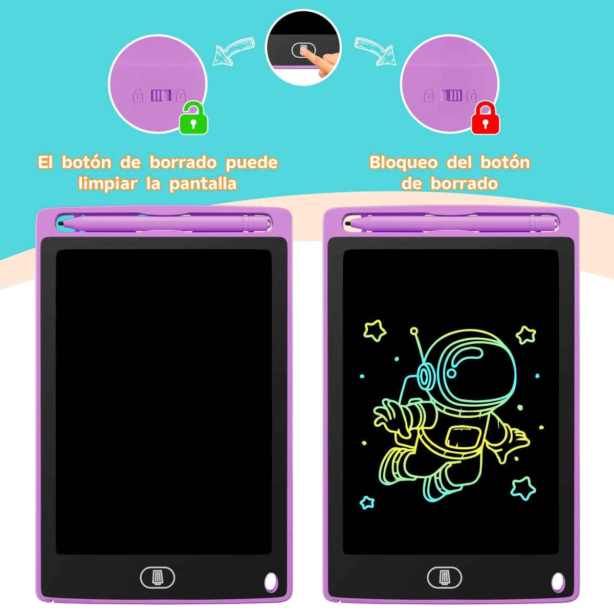 3 Pack 8,5 Pulgadas Tableta Escritura LCD Color, Electight Tablet Escritura Pantalla Colorido Infantil con Borrable y Bloqueo Función, Regalo Cumpleaños para 3-7 Años (Azul, Rosa, Morado) — view 5