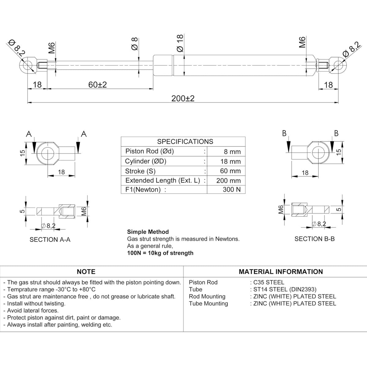 Universal Gas Struts Spring Eyelet | 100-1000 Newton | Length Options 200 mm to 900 mm | Heavy-Duty | Lift Support System (200MM, 300 N) — view 2