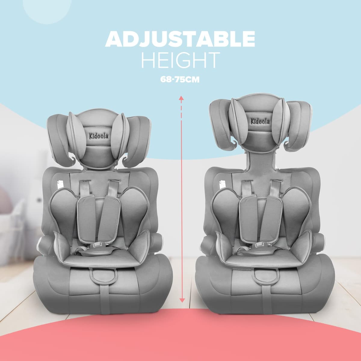 Kidoola Adjustable Car Seat for Toddlers & Children - Safety Certified Booster Seat, Padded & Comfortable with 3 Adjustable Age Functions & Straps, Up to 12 Years - ECE R44/04 (Grey & Black) (Grey) — view 5