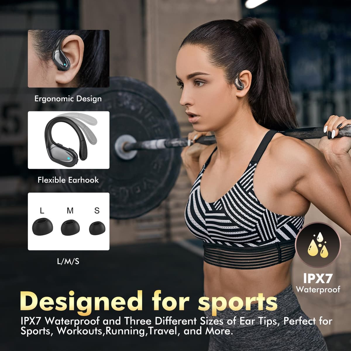 HAOYUYAN Wireless Earbuds, Sports Bluetooth Headphones, 80Hrs Playtime Ear Buds with LED Power Display, Noise Canceling Headset, IPX7 Waterproof Earphones for Workout/Running(Black) — view 5