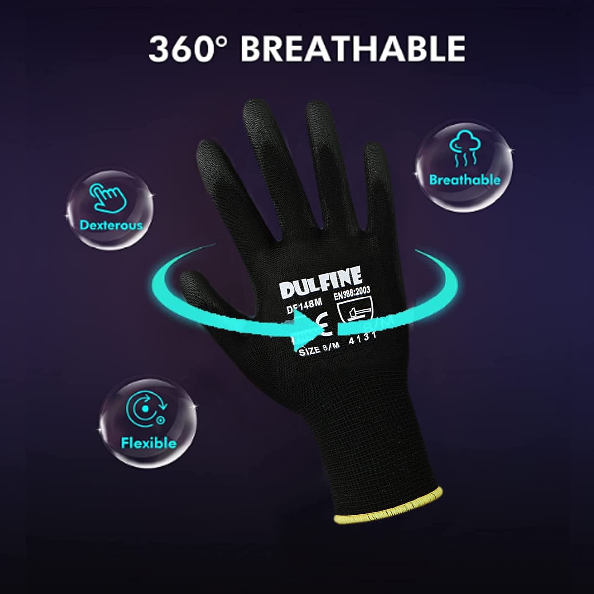 DULFINE Ultra-Thin PU Coated Work Gloves-12 Pairs,Excellent Grip,Nylon Shell Black Polyurethane Coated Safety Work Gloves, Knit Wrist Cuff,Ideal for Light Duty Work. (X-Small) — view 2