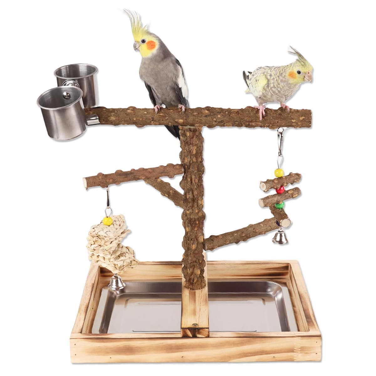Aves Juego Stand - Puesto de Madera para Loros, Aves Stand con Percha, Taza de Alimentación, Bandeja y Juguetes de Gimnasio de Ejercicios para Pájaros Pequeños y Medianos