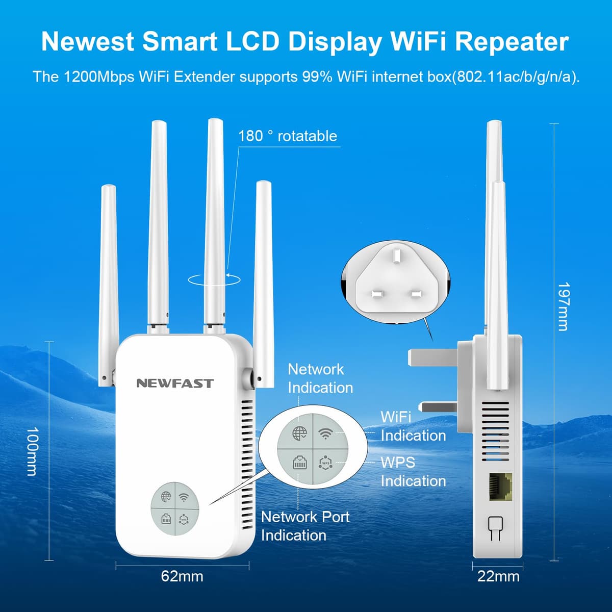 NEWFAST AC1200 WiFi Range booster 5.8/2.4GHz Dual band WiFi Booster Compatible with Any Wireless Router, 802.11AC, Wireless Access Point Compatible with Any Wireless Router, UK Plug — view 3