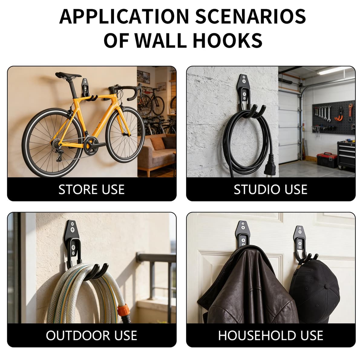 Ganchos de garaje resistentes, paquete de 3 ganchos de acero para colgar bicicletas, escaleras, herramientas de jardín, ganchos organizadores de utilidad con tornillos para cobertizo, taller y hogar — view 4