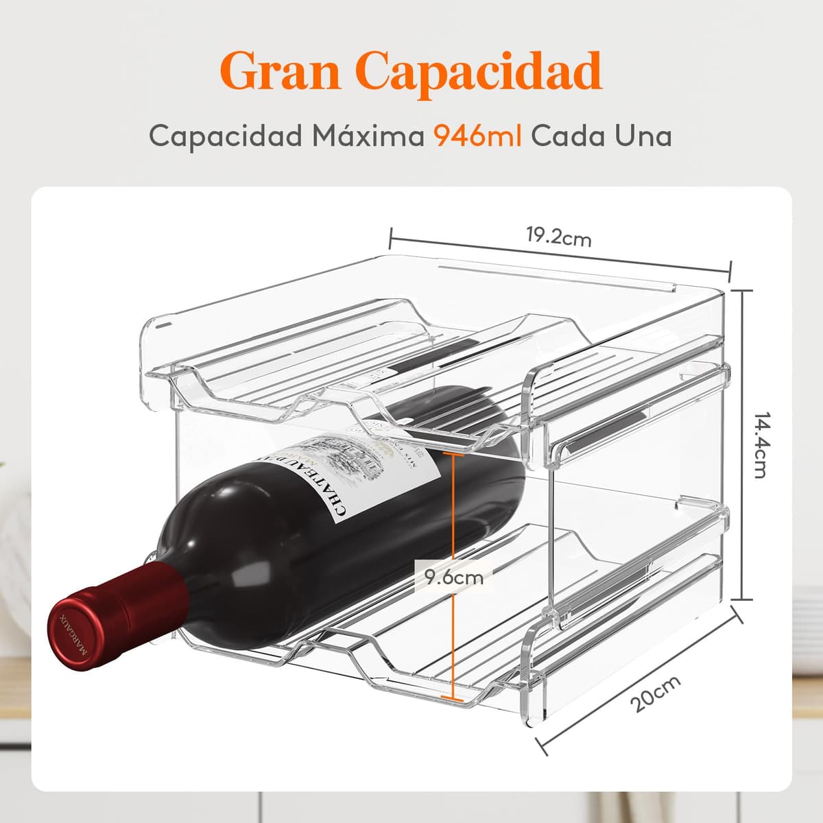 Lifewit Botellero apilable de plástico para Nevera, Armario, encimera, Soporte para Botellas de Vino, Organizador de Botellas de Agua para Nevera, despensa, Capacidad para 4 Botellas,Transparente — view 4