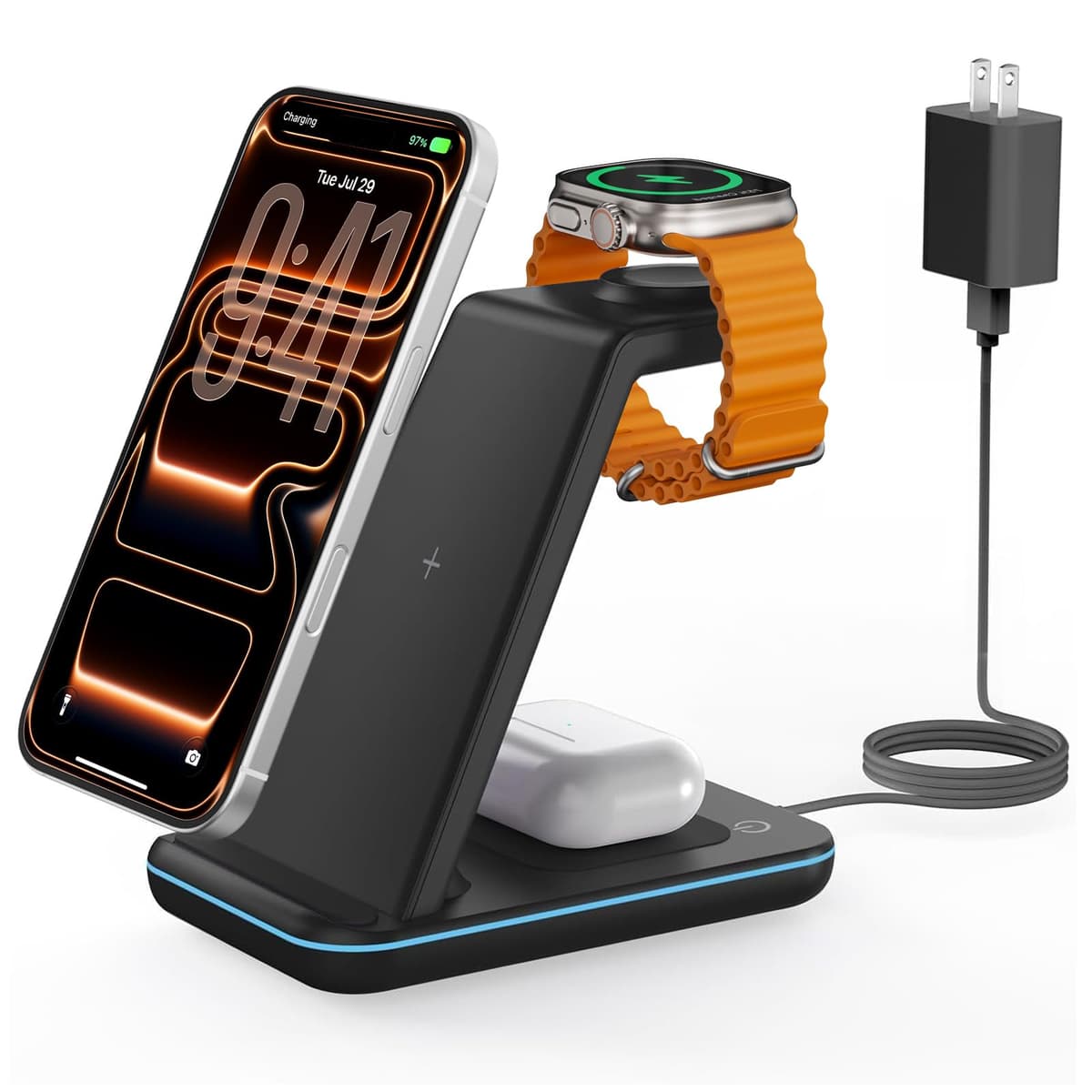 JoyGeek Cargador Inalámbrica, Plegable 3 en 1 Base Cargador para i Phone 17/16/15/14/13/12/Plus/Pro MAX, Estación de Carga para AppleWatch Ultra-2, Rapida Wireless Charger para AirPods 4/Pro/3/2-Negro — view 10