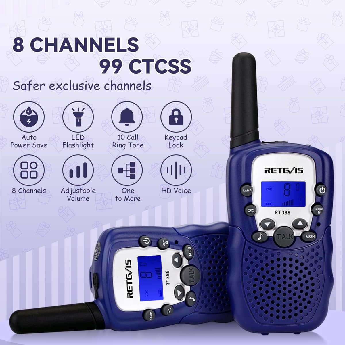 Retevis RT388 Walkie Talkie Niños PMR446 8 Canales Pantalla LCD Linterna Vox 10 Tonos de Llamada Bloqueo de Canales Talkie Walkie Juguete para Niño (Azul Oscuro, 1 Par) — view 2