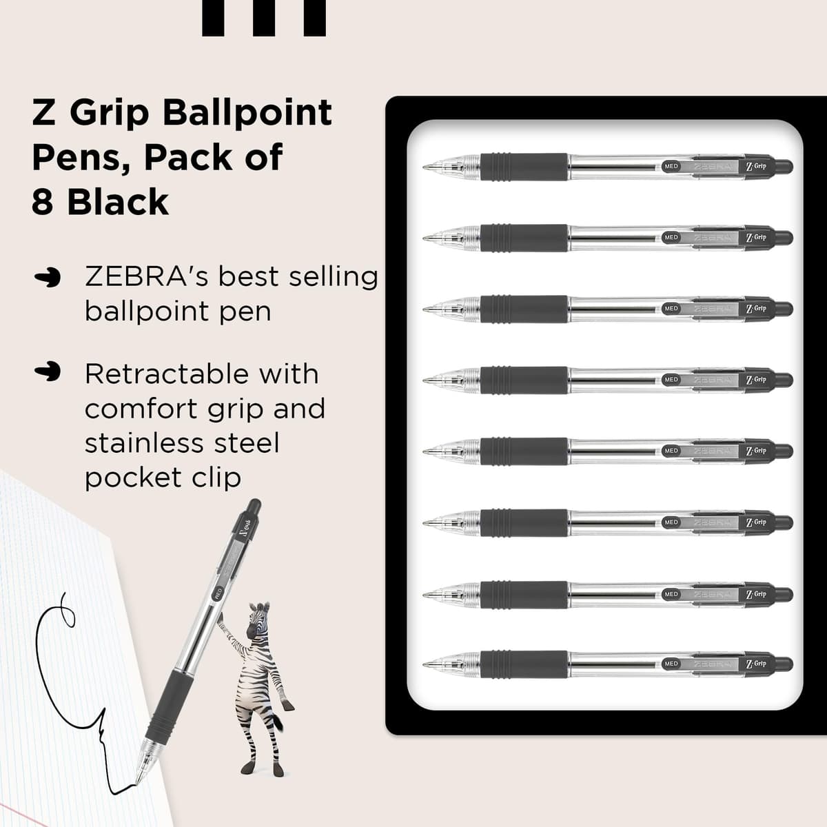 Zebra Pen Z Grip Black Ballpoint Pens with Pocket Clip 8pk, Retractable Black Ink Ballpoint Pens, Reliable Black Biro Pens Multipack for Everyday Use Design, New Pack Size 8pk — view 3