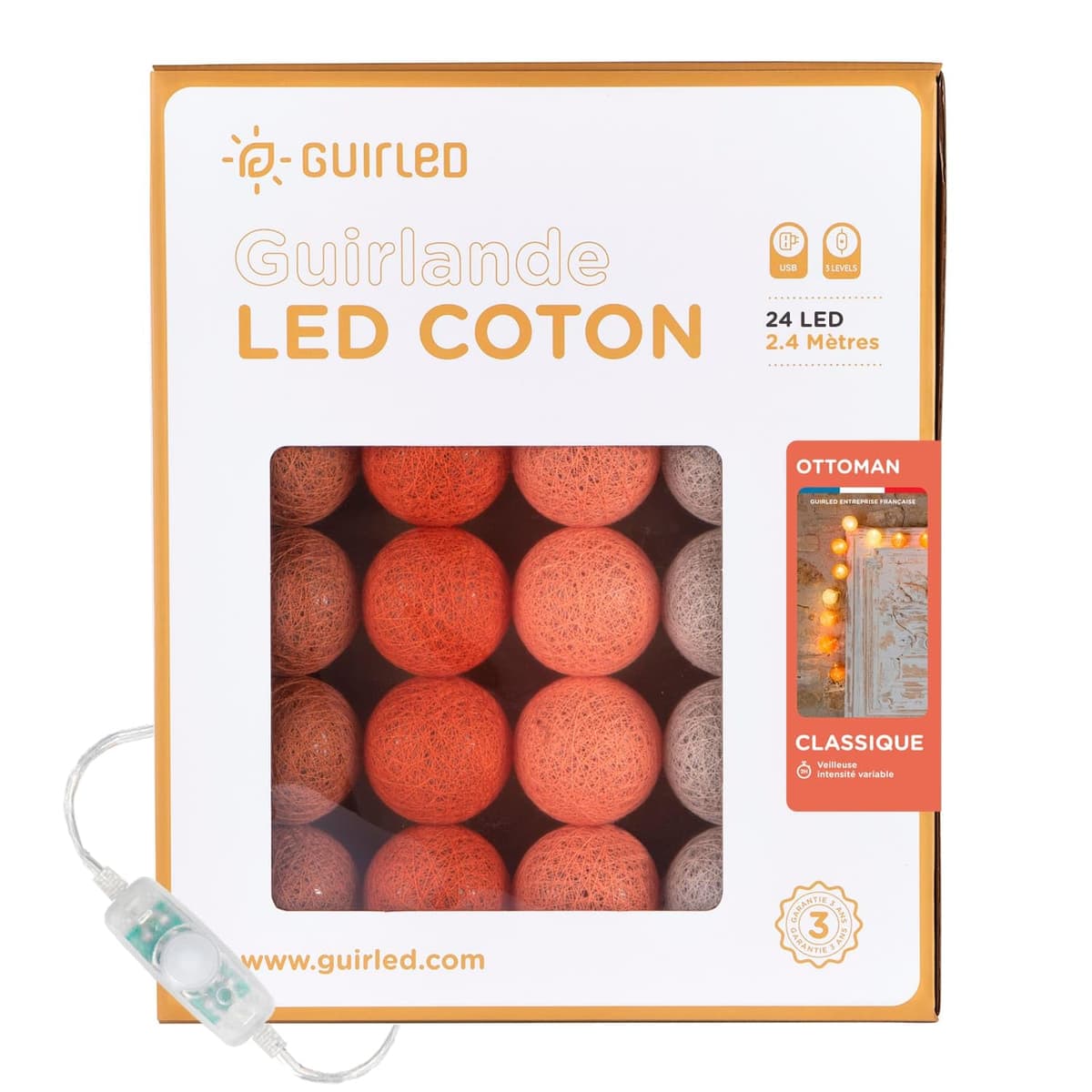 GuirLED - Guirnalda luminosa bolas de algodón LED USB- Luz de noche para bebé 2h - Adaptador de corriente dual USB 2A incluido - 3 intensidades - 16 bolas 1,6m - Byzantin — view 37