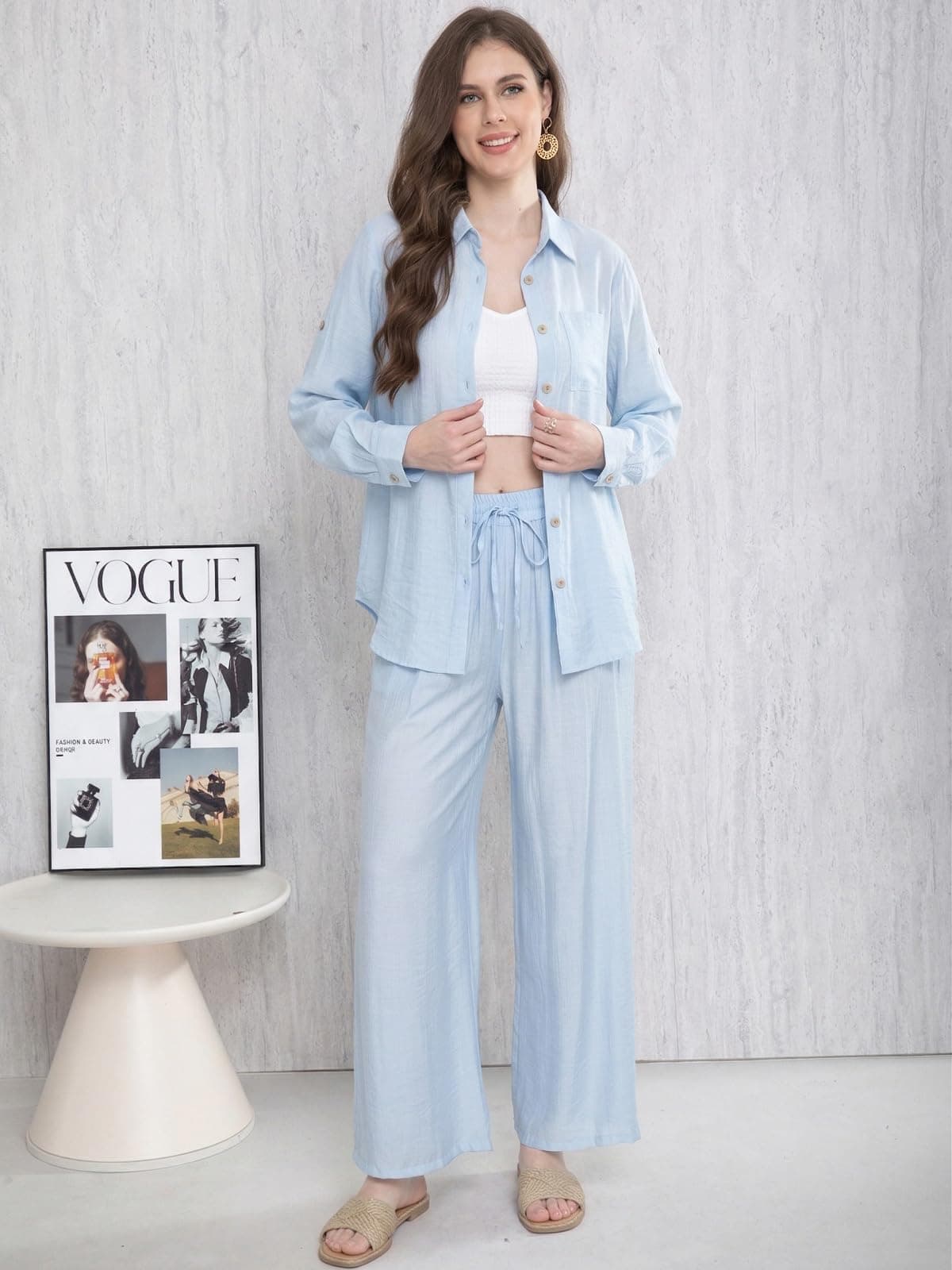 Adigaber Chándal de Manga Larga para Mujer Camisa con Botones y Holgado Cintura Alta Pierna Ancha Cordón Pantalones con Bolsillos — view 3