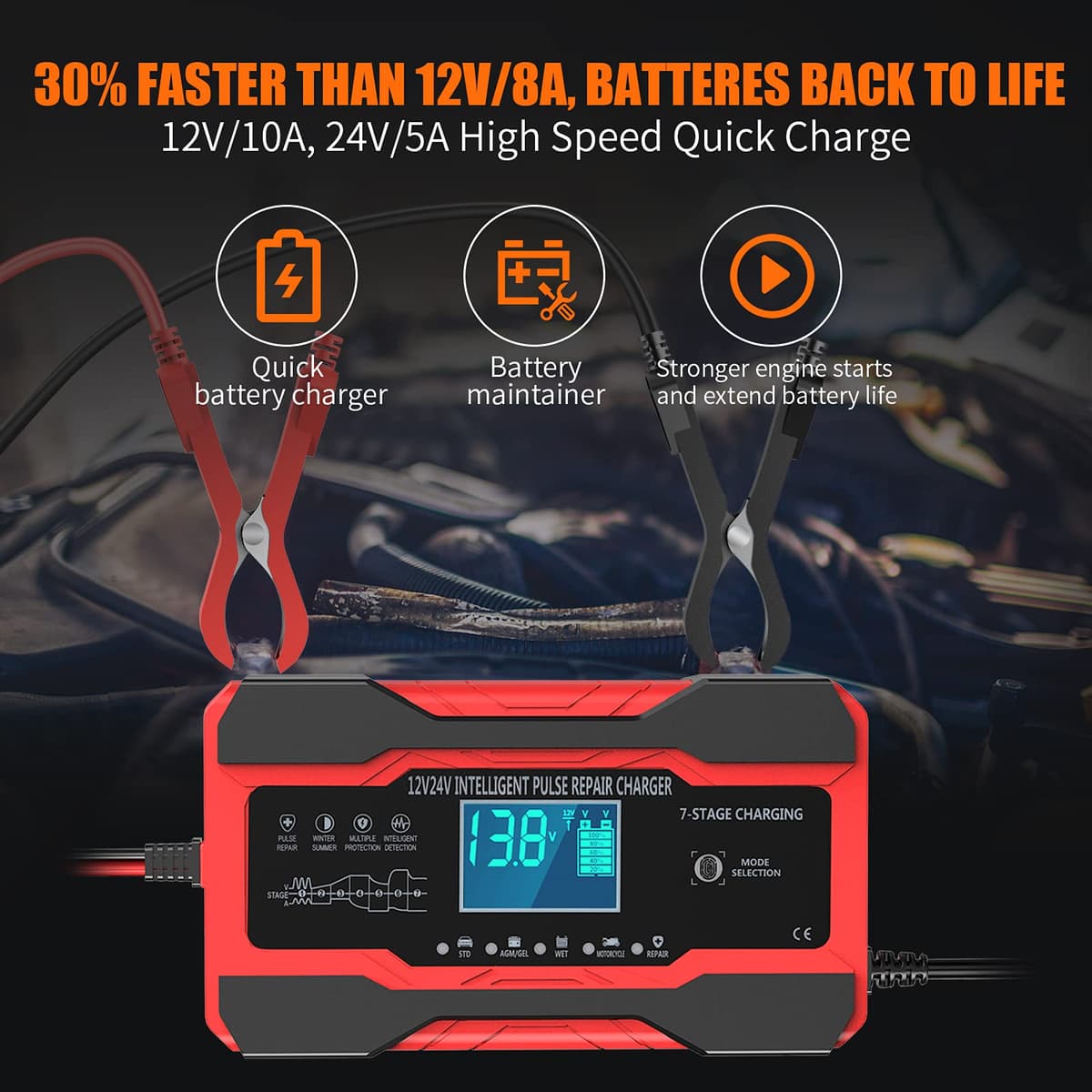 YONHAN Battery Charger 10-Amp 12V and 24V Fully-Automatic Smart Car Battery Charger, Battery Maintainer Trickle Charger, and Battery Desulfator with Temperature Compensation — view 2