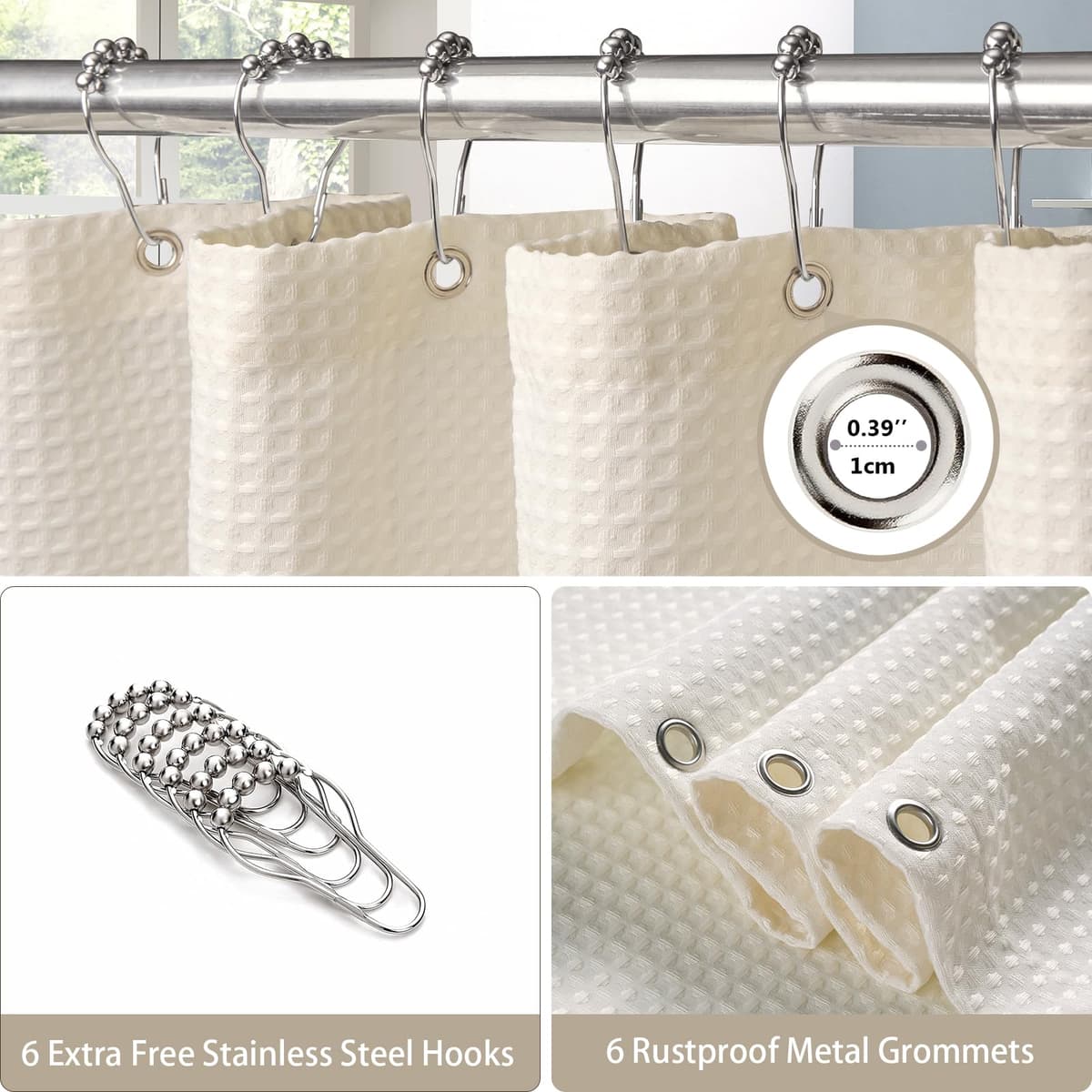 Cortina de Ducha para Baño con Ganchos de Metal Cortina de Ducha de Tela Waffle Cortina de Baño Resistente para Cabina de Ducha de Bañera, Resistente al Agua - 92 x 182cm (Crema) — view 4