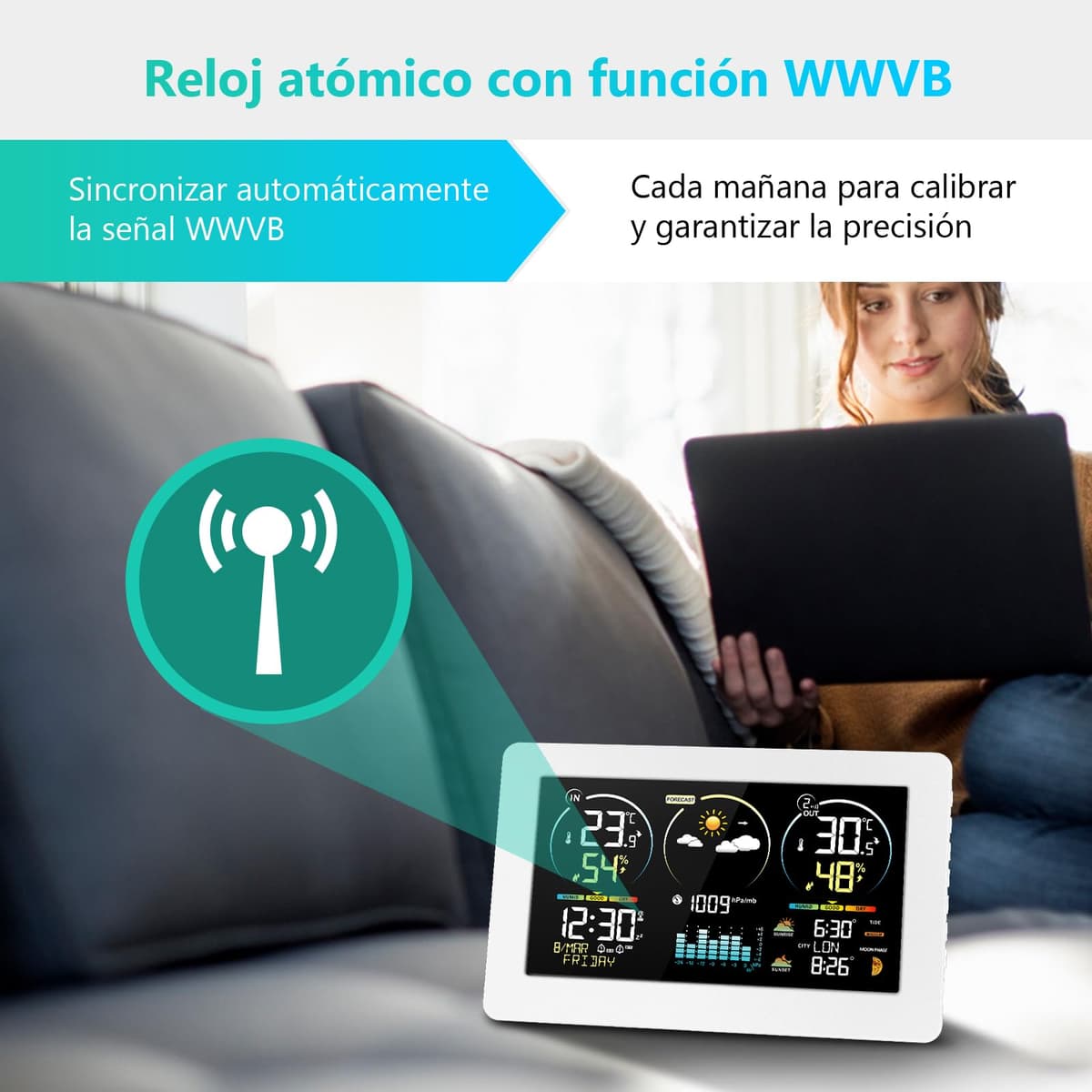 Estación meteorológica inalámbrica con sensor exterior, pantalla digital a color, reloj controlado por radio DCF, termómetro, higrómetro, estación meteorológica inalámbrica con previsión meteorológica — view 3