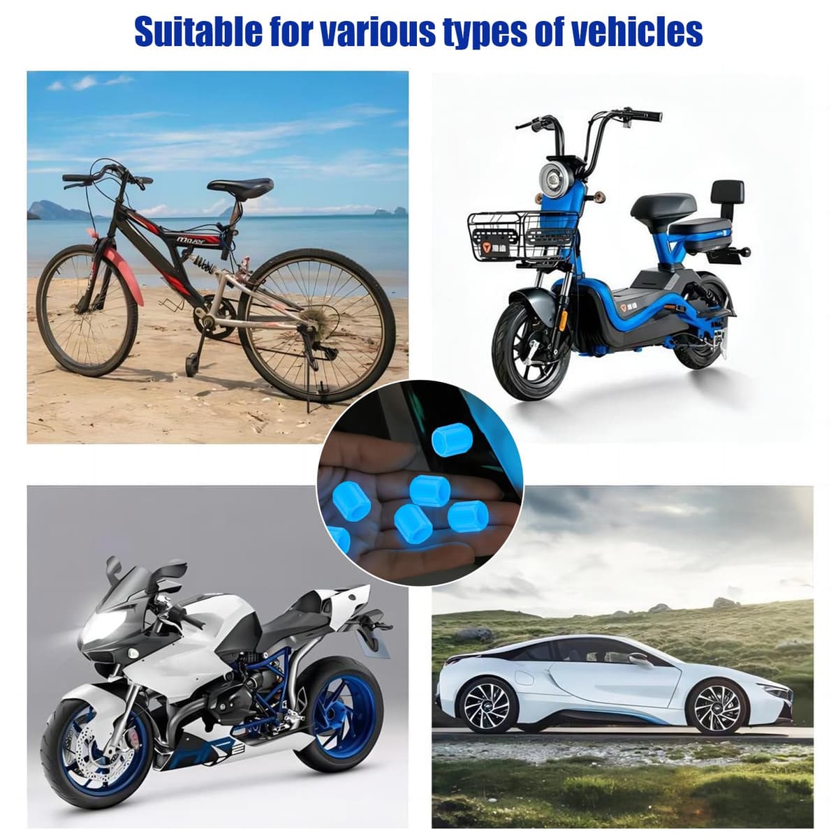 8PCS Dust Caps for Car Bike Tyres Universal Fluorescent Tire Valve Caps Glow in the Dark Car Bike Wheel Stem Covers, Durable Dust Caps Fit for Car, Children's Bicycles Safe at Night (Blue) — view 5