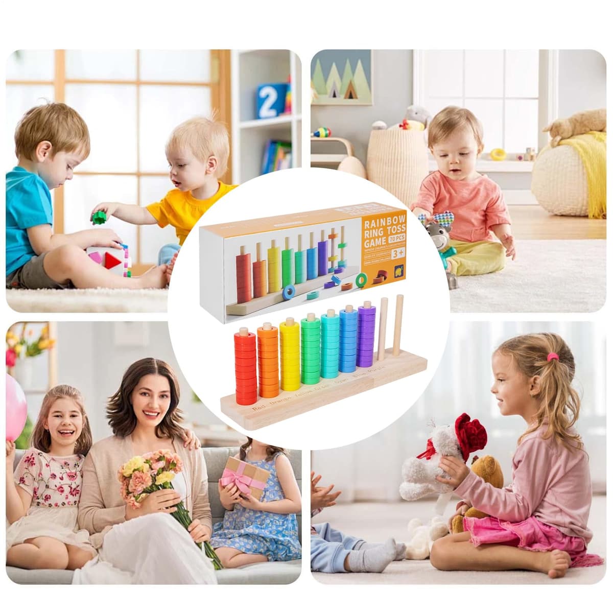 Genérico Anillos apilables de íris, Agarre ergonómico de Madera, Base de Almacenamiento integrada, Entrenamiento de Equilibrio, clasificador de Formas, Juguetes educativos para niños — view 4