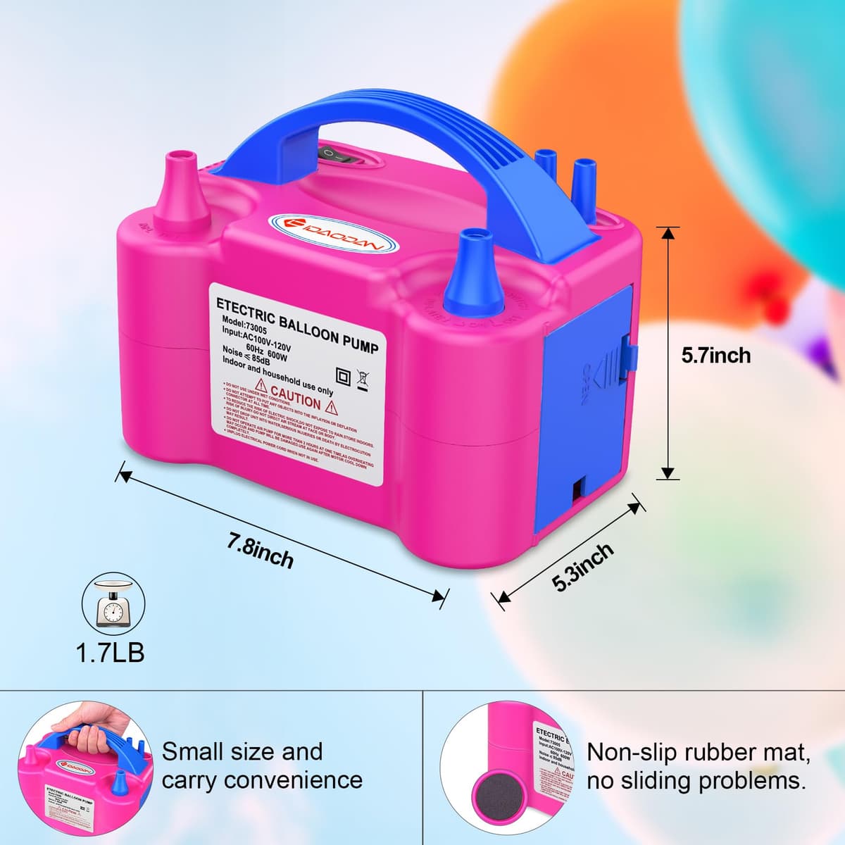 IDAODAN Electric Balloon Pump, Portable Electric Balloon Blower Machine Balloon Air Pump Dual Nozzle Rose Red 110V 600W Balloon Inflator for Party Decorations — view 2