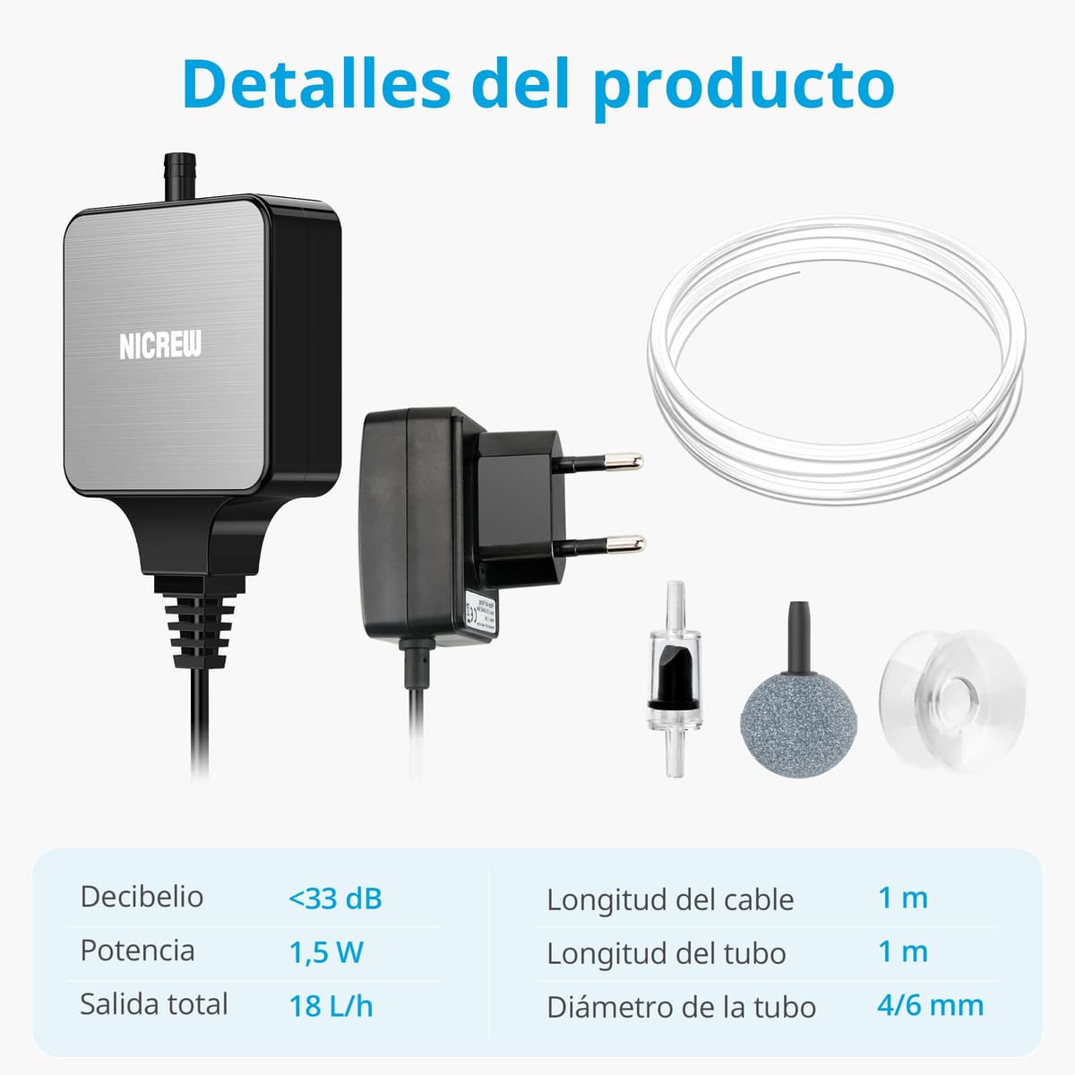 NICREW Oxigenador Acuario Ultra-Silencioso＜33 dB, Nano Bomba de Aire Silenciosa hasta 40 L, Accesorios para Nano Acuario, 18 L/H, 1,5 W — view 6