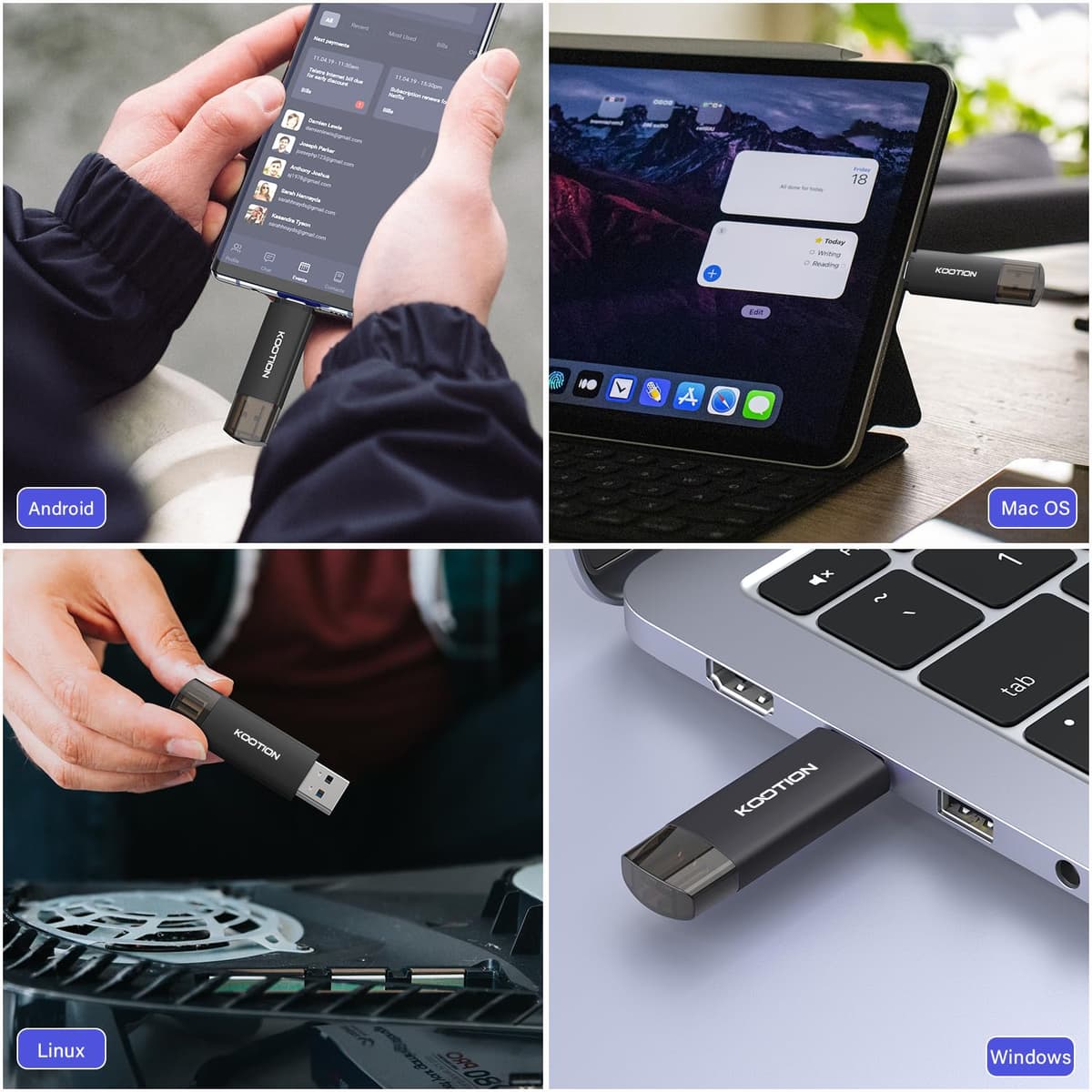 Memoria USB C 256 GB, KOOTION Pendrive C USB 3.0 OTG 2 en 1, Pendrive Tipo C Memoria 256 Gigas para Android/Window/PC/MacBook, Teléfono Huawei/Xiaomi/Samsung, Almacenamiento de Datos Externo — view 4