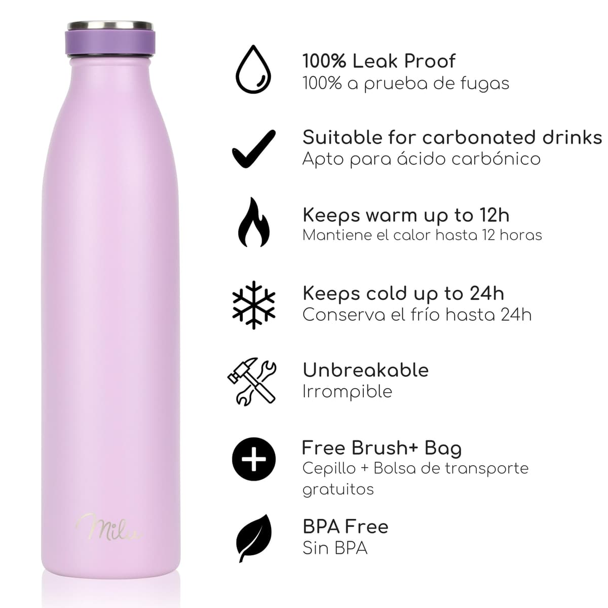 Milu Botella de acero inoxidable de 350ml 500ml 750 ml 1 L 1,5 L botella de agua aislada, termo a prueba de fugas, doble pared, apta para ácido carbónico + cepillo de limpieza (Azul Violeta, 350ml) — view 188