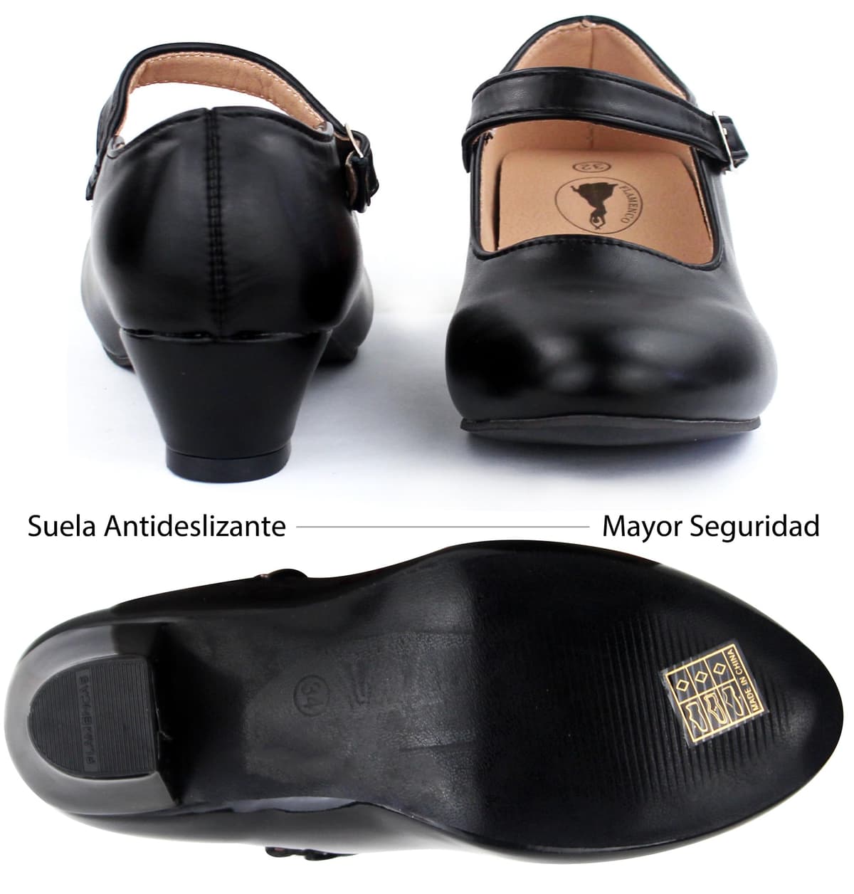 Zapatos Flamenco Niña Baile Danza Sevillanas con Tacón Correa Ajustable, Suela Antideslizante — view 5