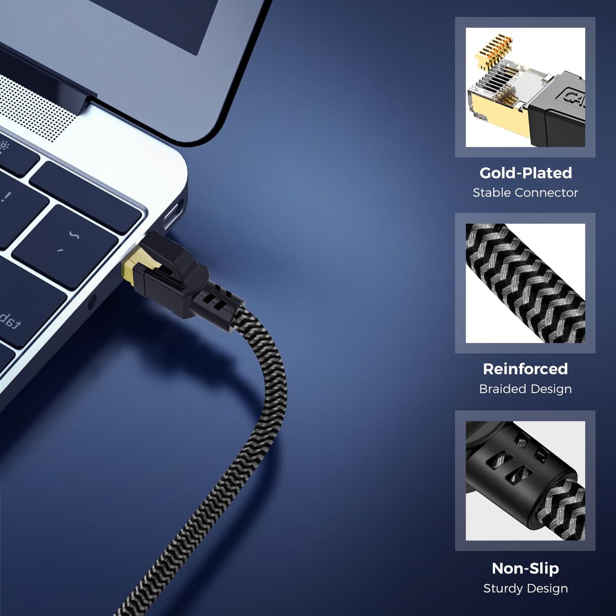Cat 8 Ethernet Cable 1M, High-Speed Gigabit Braided RJ45 LAN Patch Cord, 40Gbps 2000Mhz, Lan Network Cable Compatible for Modem, Router, Faster than Cat7 — view 4