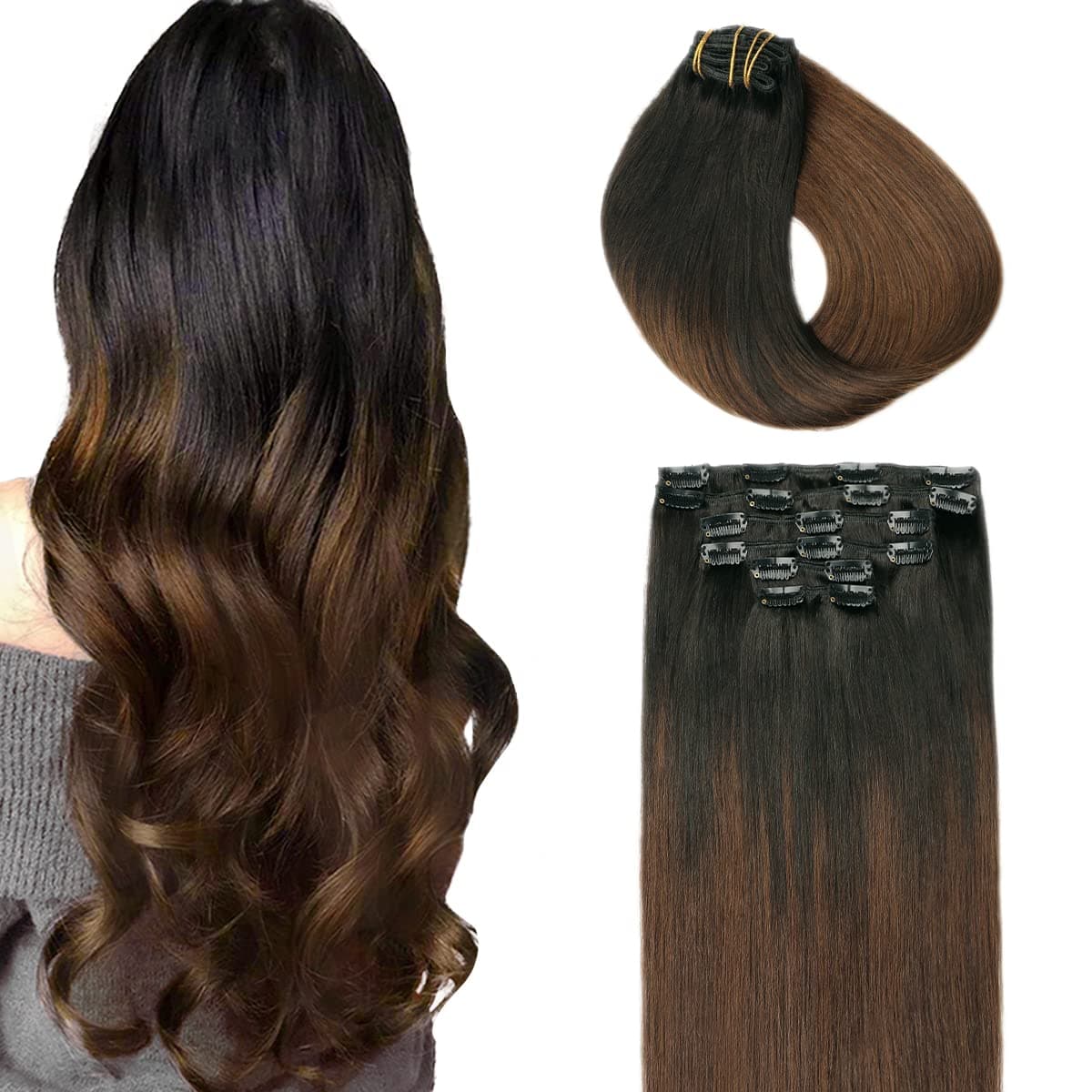 SURNEL Extensiones Clip Pelo Natural 100g 35cm 6 Piezas Castaño Chocolate Extensiones De Clip De Humano Real Extensiones Pelo Natural Remy (C#4-35cm) — view 34